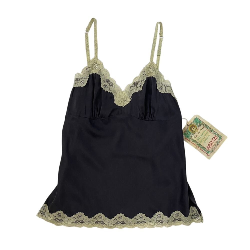 NWT ARATTA Black Silk Camisole - Charcoal Gray Cami - Lace - Washable - Size L